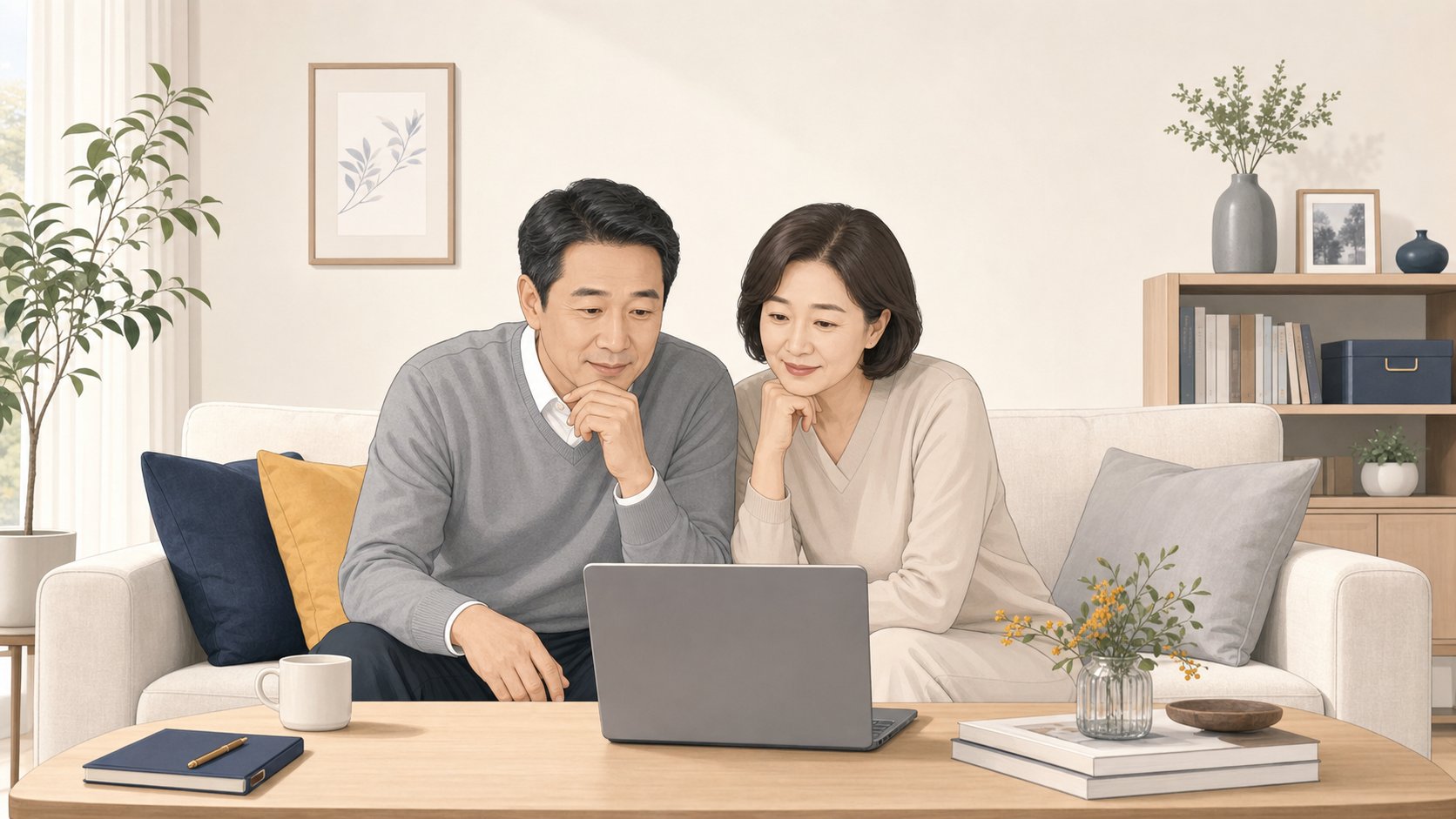 노트북으로 충청도 장례식장 정보를 살펴보며 마음 편히 상의하는 부부, 차분한 분위기