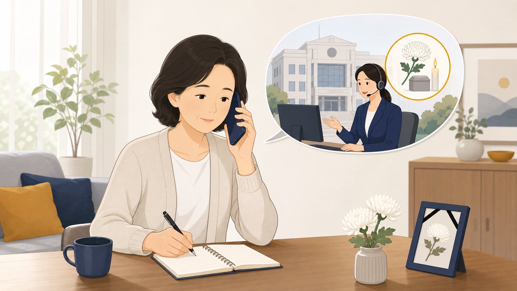 전화로 시군구에 장례 지원을 문의하며 메모하는 가족, 차분하고 도움받는 분위기