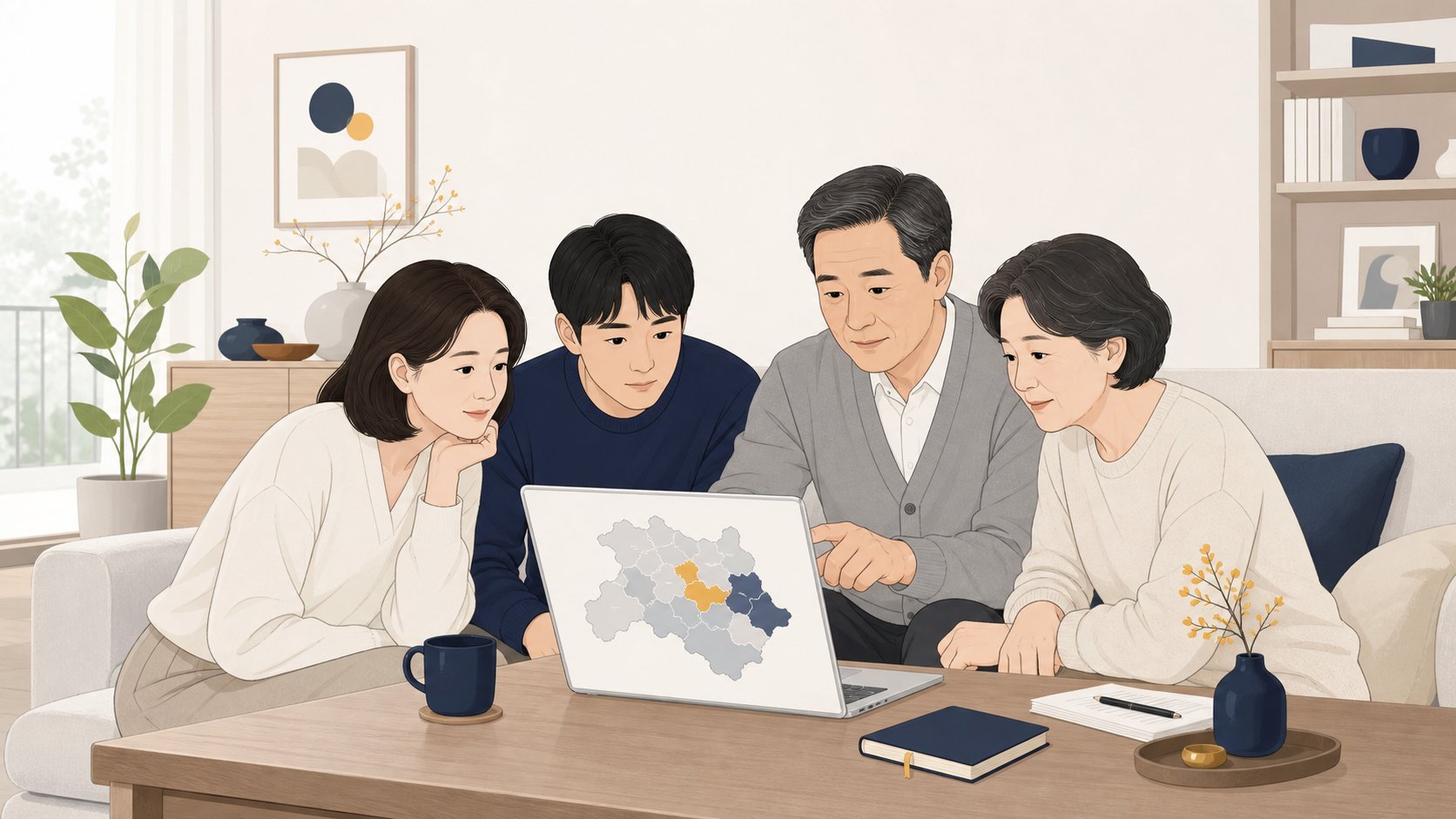 노트북으로 충청도 권역별 장례 정보를 살펴보는 가족, 차분하고 정보적인 분위기