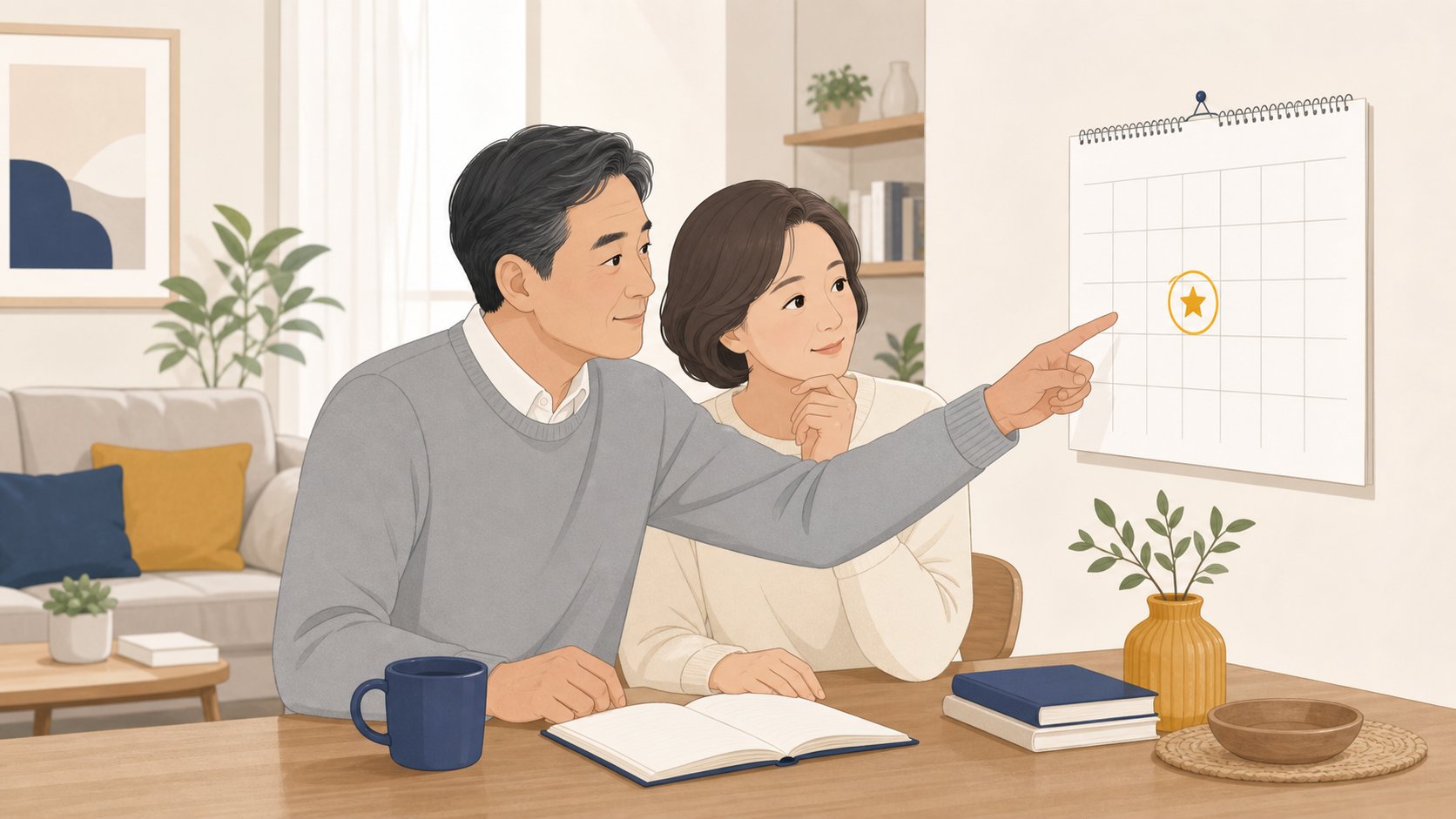 중년 부부가 달력을 보며 제사 날짜를 의논하는 차분한 거실 장면, 따뜻하고 정돈된 분위기