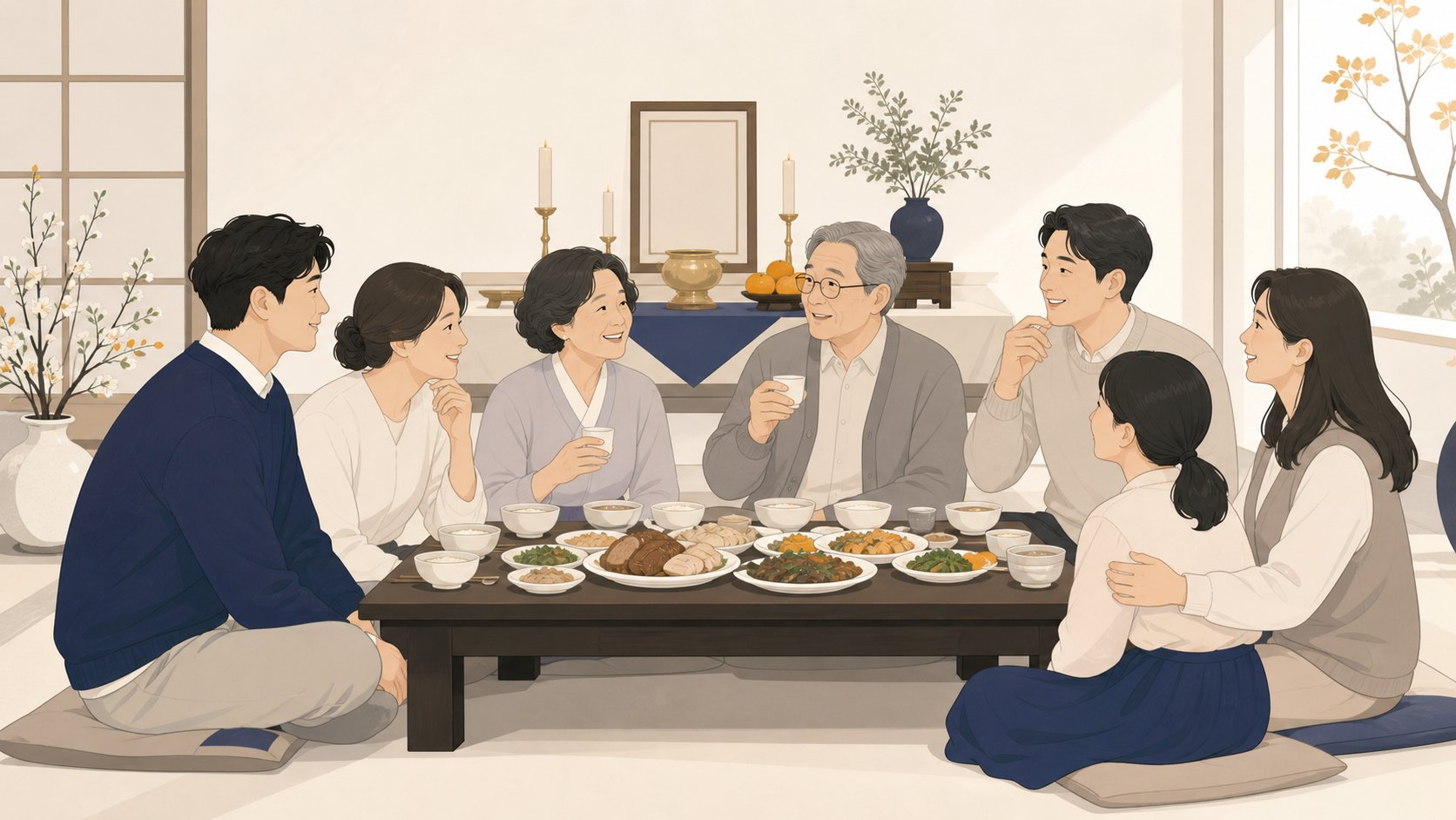 가족이 제사를 마치고 둘러앉아 음식을 나누며 고인을 추억하는 따뜻한 장면, 차분하고 화목한 분위기