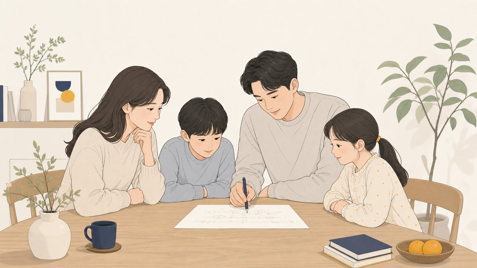 식탁에서 가족이 함께 한글 축문 초안을 펜으로 다듬으며 의논하는 장면, 차분하고 협력적인 분위기