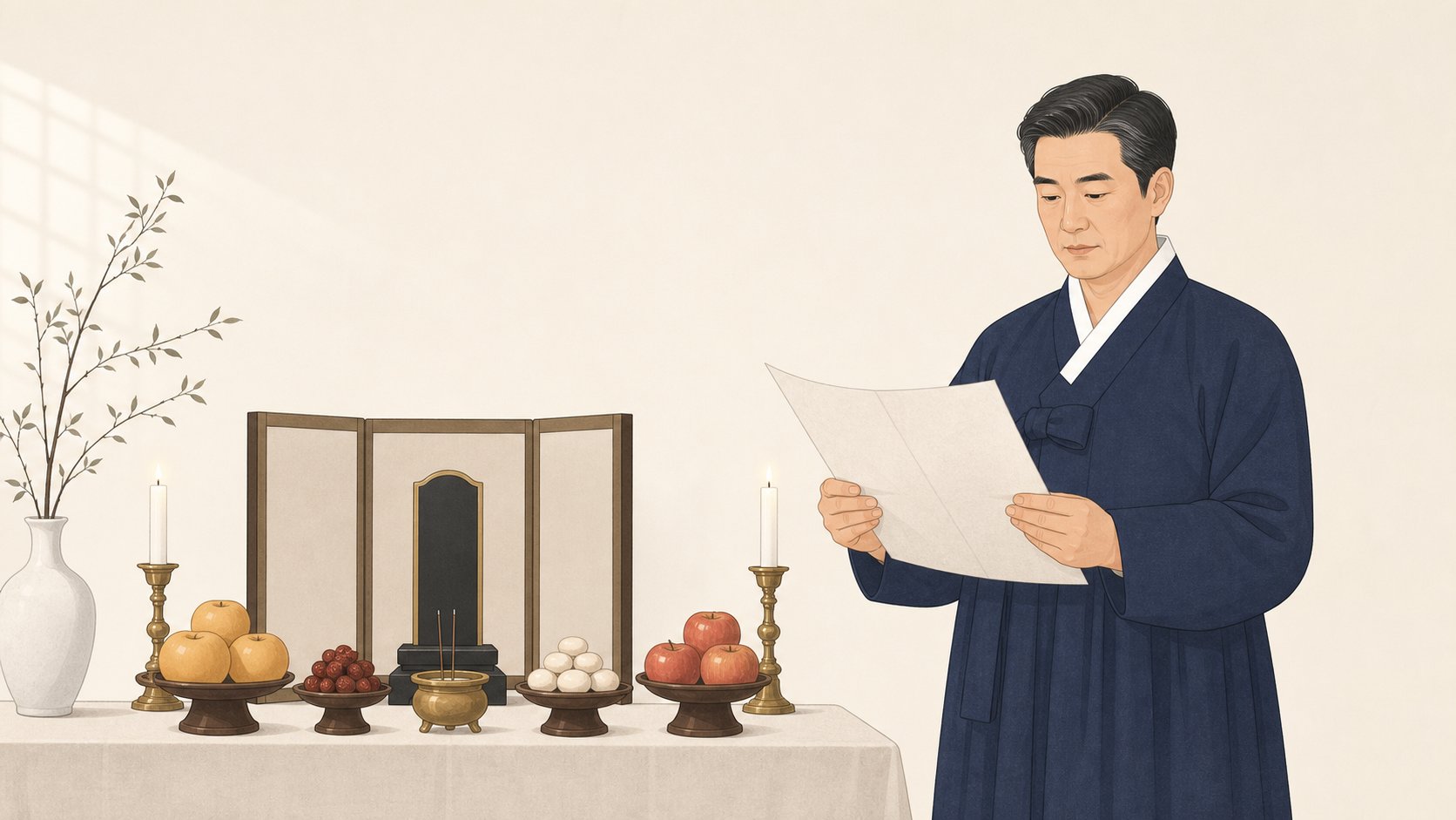 제주가 제사상 앞에서 축문을 펼쳐 차분히 읽는 장면, 단정하고 경건한 분위기