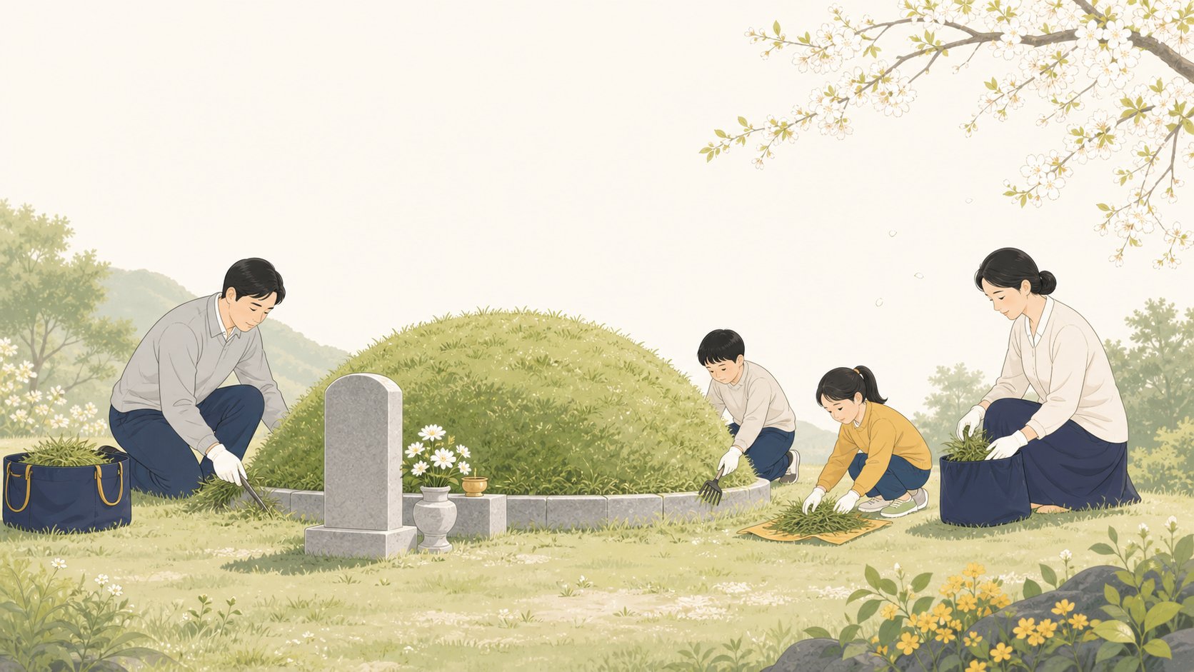 봄철 한식 무렵 가족이 묘소 주변 풀을 정리하고 손보는 장면, 맑고 차분한 분위기