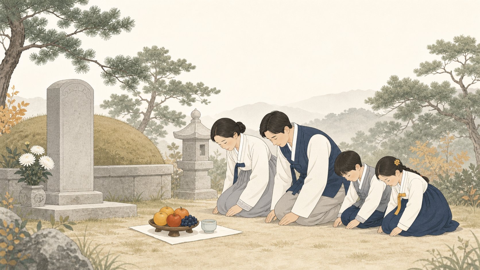 가족이 묘소 앞에 간소한 과일과 술을 올리고 두 번 절하며 예를 표하는 장면, 경건하고 따뜻한 분위기