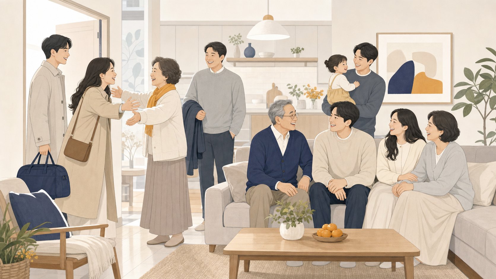 멀리 떨어져 사는 가족 구성원들이 모여 한자리에서 차분히 이야기 나누는 장면, 따뜻하고 화목한 분위기