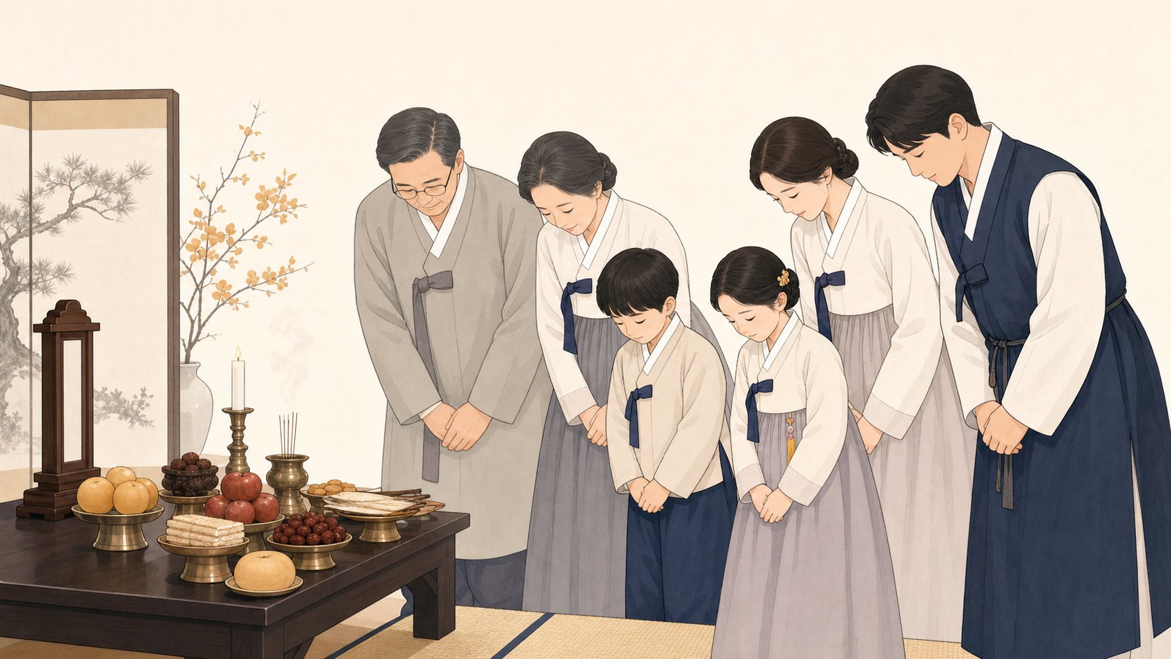 합사로 차린 제사상 앞에서 가족이 함께 예를 표하는 차분한 장면, 경건하고 따뜻한 분위기