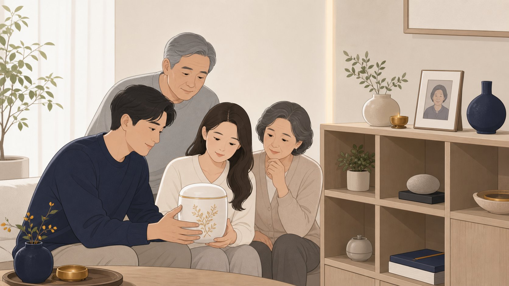 가족이 밀폐형 유골함을 살펴보며 보관 자리를 정하는 차분한 장면, 단정하고 따뜻한 분위기