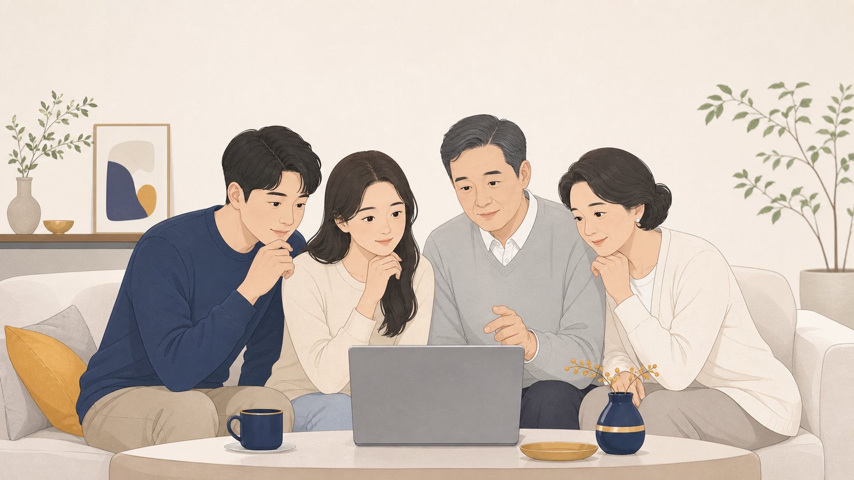 노트북으로 봉안당과 자연장 등 안치 방법을 살펴보며 의논하는 가족, 차분하고 정보적인 분위기