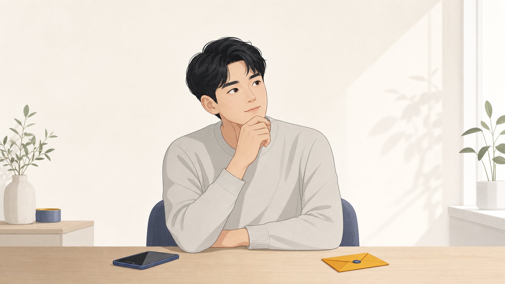 관계에 따른 조의금 금액을 가늠하며 차분히 고민하는 사람의 모습, 정돈되고 사려깊은 분위기