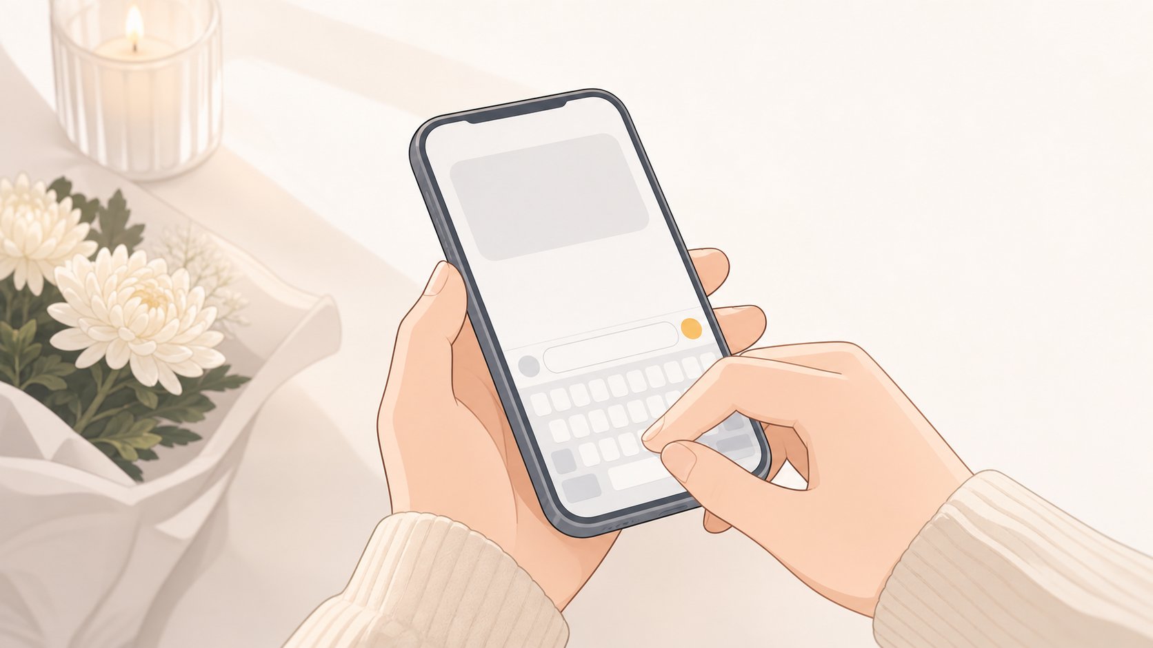 스마트폰으로 정성스러운 위로 문자를 작성하는 손을 가까이서 본 장면, 따뜻하고 진심이 담긴 분위기