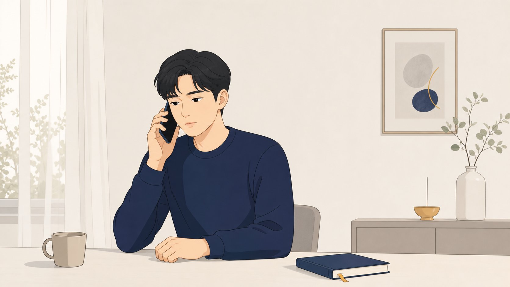 먼 지역의 부고 소식을 접하고 차분히 전화로 안부를 전하는 사람의 모습, 따뜻하고 사려깊은 분위기