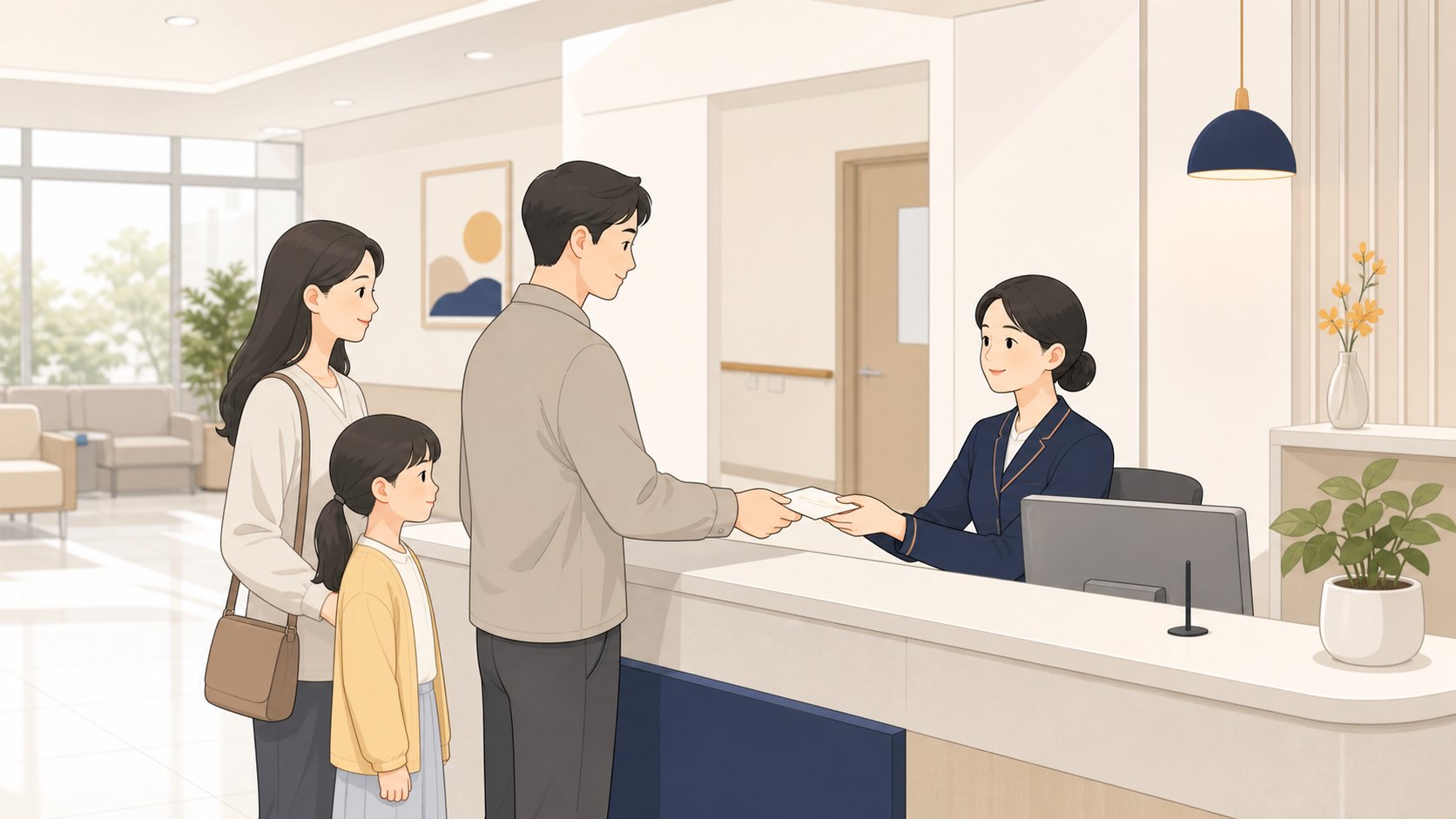 병원 수납 창구에서 가족이 치료비를 정산하는 차분한 장면, 단정하고 사려깊은 분위기