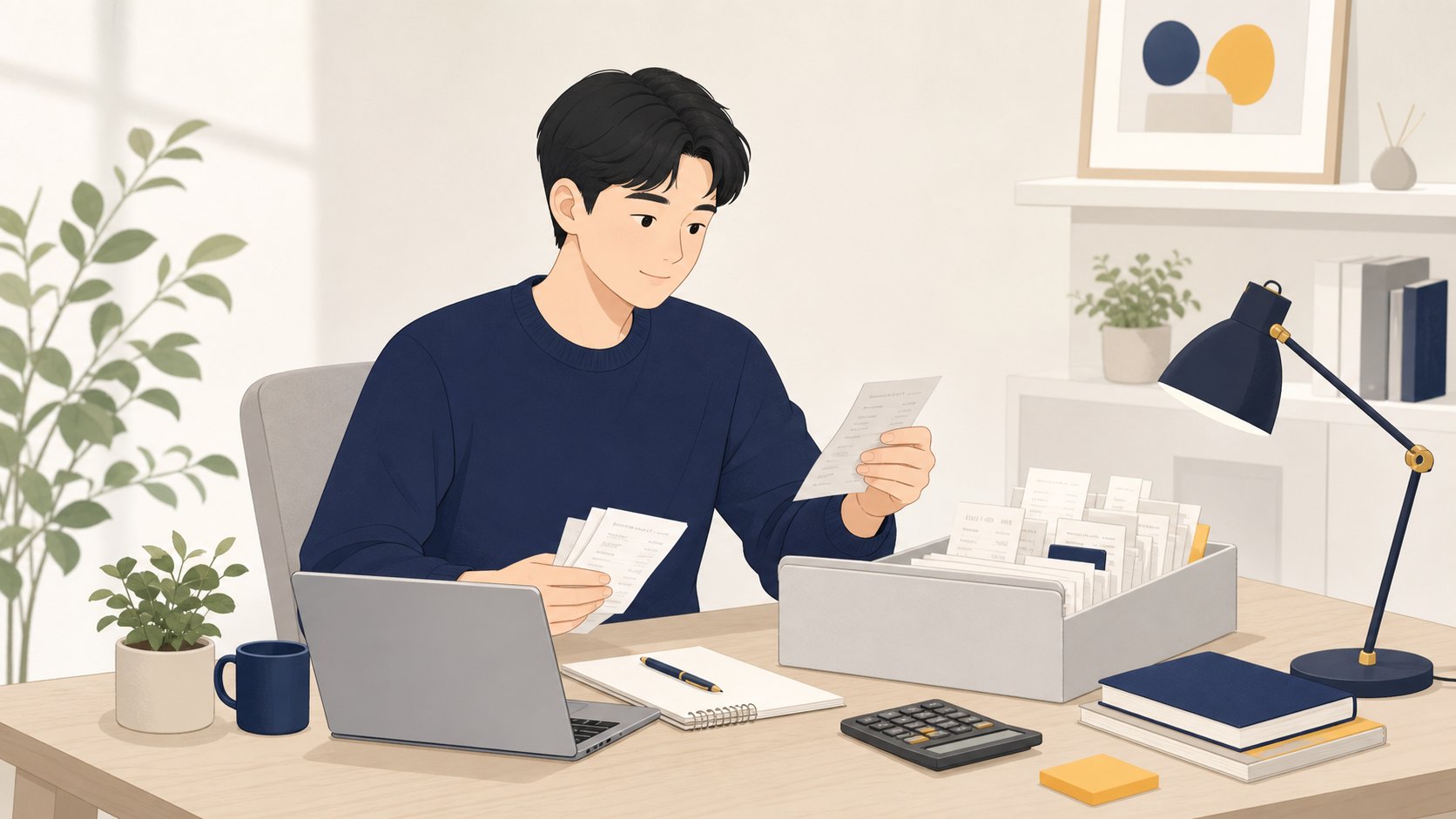 근로자가 노트북으로 연말정산 의료비 항목을 정리하며 영수증을 확인하는 차분한 장면, 정돈되고 정보적인 분위기