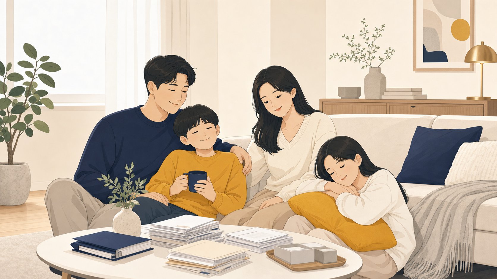 가족이 서류 정리를 마치고 안도하는 차분한 거실 장면, 따뜻하고 정돈된 분위기
