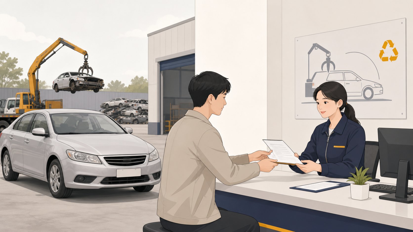 공식 폐차장에서 차량을 인계하고 직원과 서류를 확인하는 차분한 장면, 정돈되고 신뢰감 있는 분위기