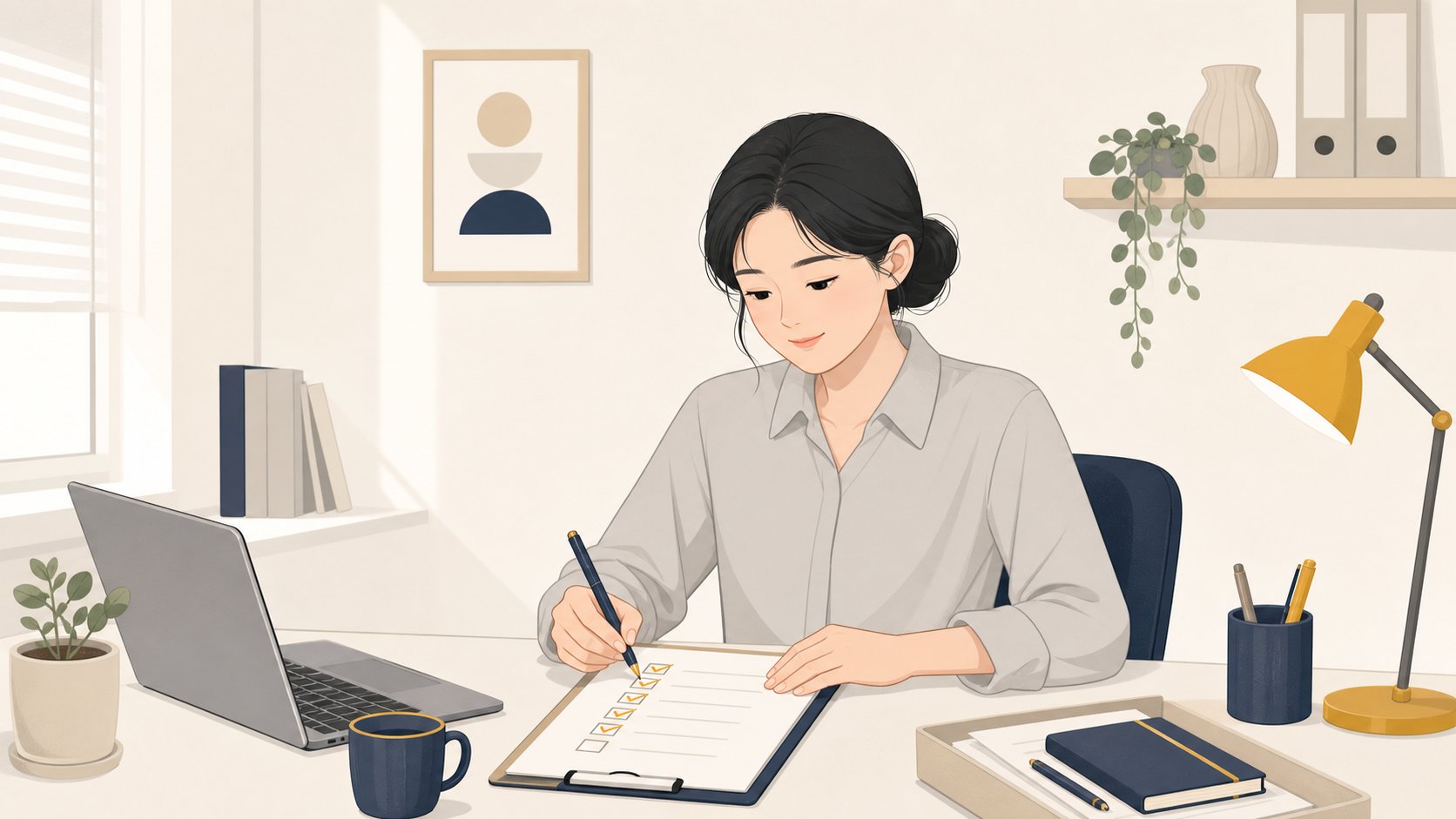 가족이 장례 후 정리할 행정 항목을 목록으로 적어 가며 하나씩 점검하는 차분한 장면, 정돈되고 차분한 분위기