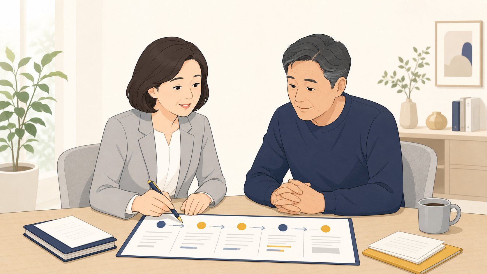 상담사와 중년 고객이 상담 공간에서 서류를 함께 보며 환급 진행 상황을 정리하는 모습