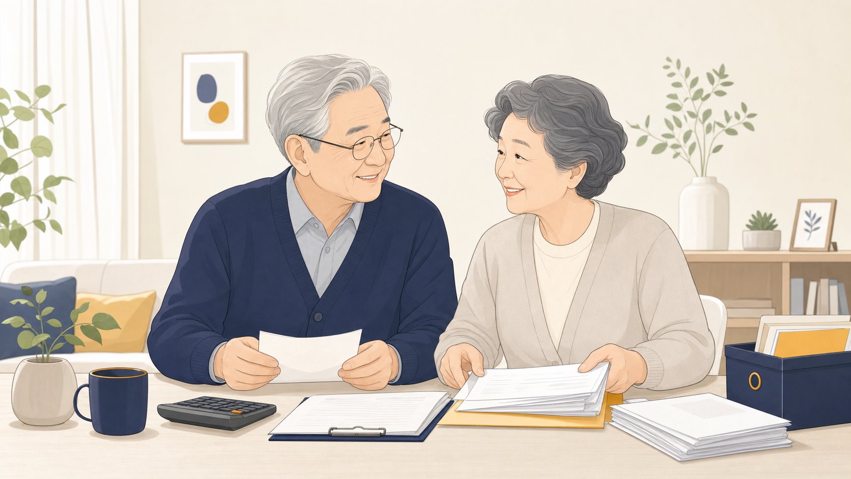 노년 부부가 환급 입금 확인을 마치고 서류를 정리하며 마주 보는 모습