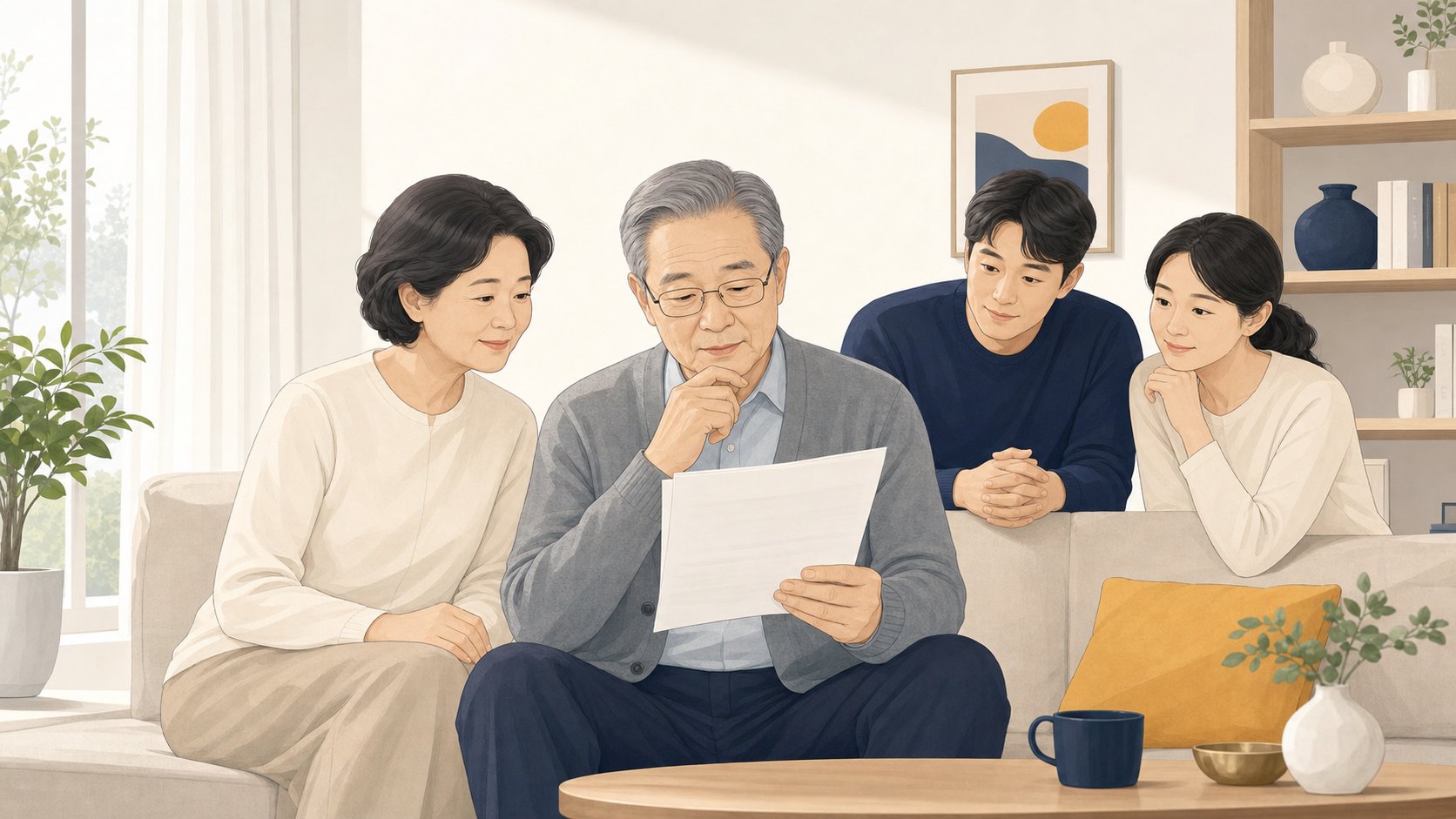 계약서를 집으로 가져와 거실에서 천천히 다시 읽어보는 노년 남성