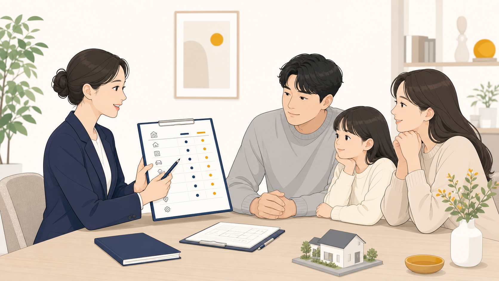 상담사가 가족에게 항목별 견적표를 보여주며 변동 항목을 설명하는 모습