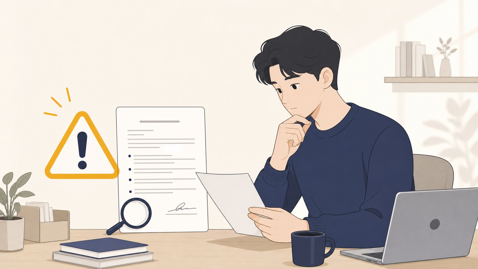 주의 아이콘과 계약서가 놓인 책상에서 소비자가 위험 신호를 신중히 살펴보는 모습