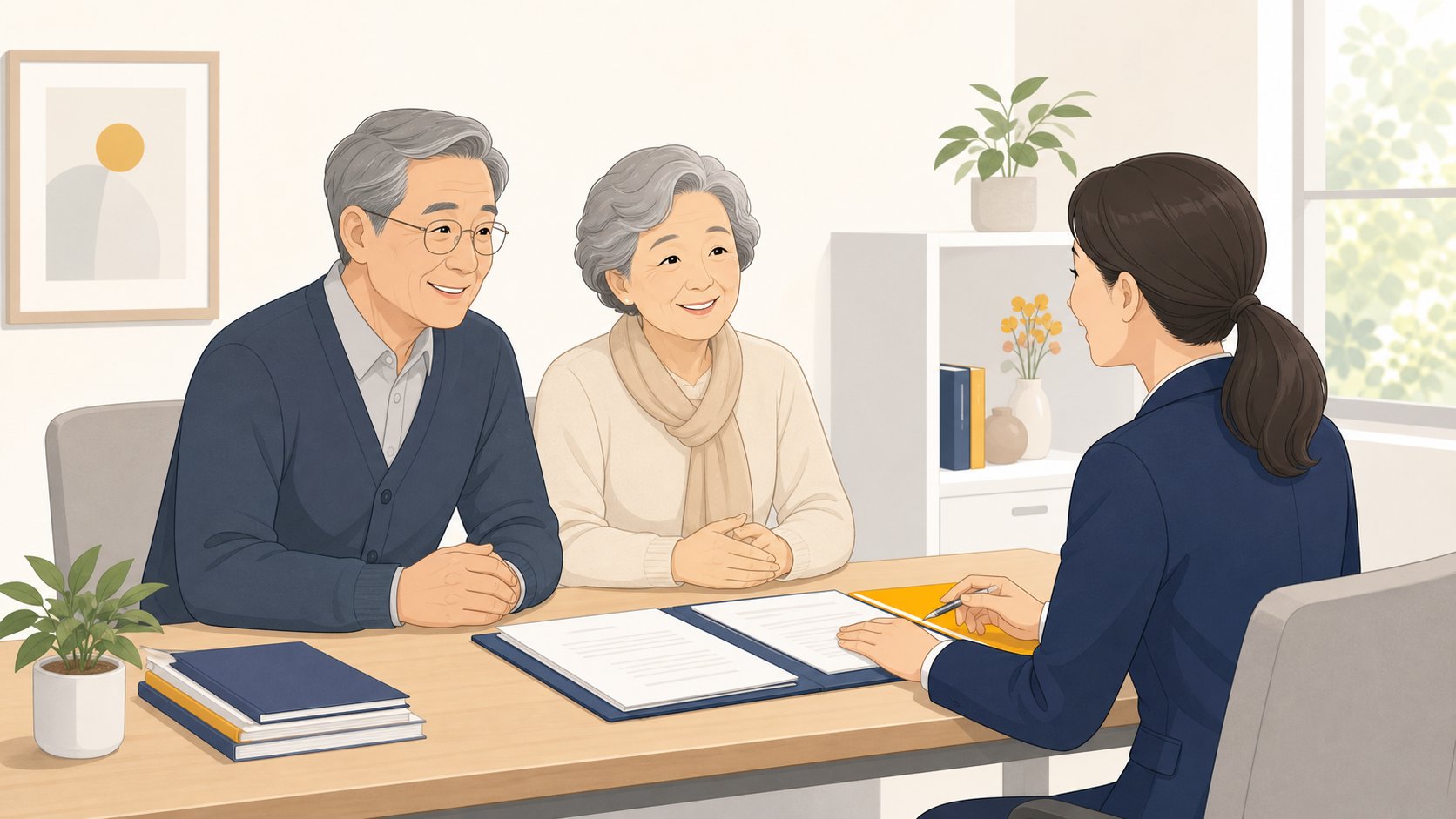 보상 절차를 마치고 상담사와 정리된 서류를 확인하는 노년 부부