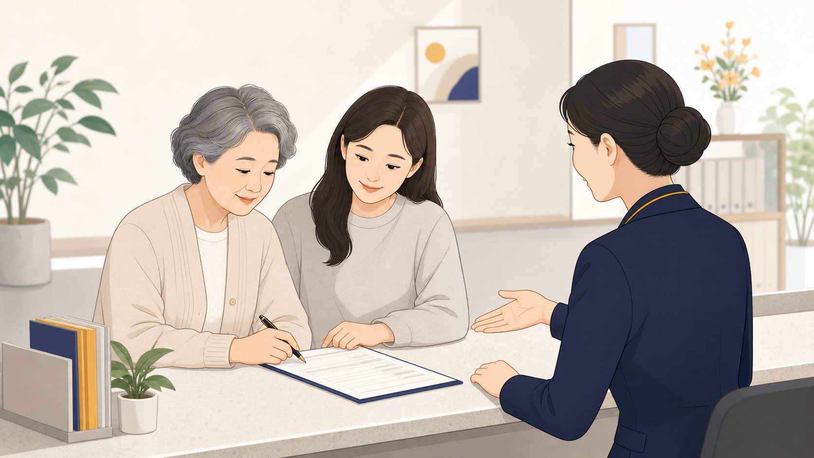 안내 데스크에서 명의변경 신청서를 작성하며 직원의 안내를 듣는 부모와 성인 자녀