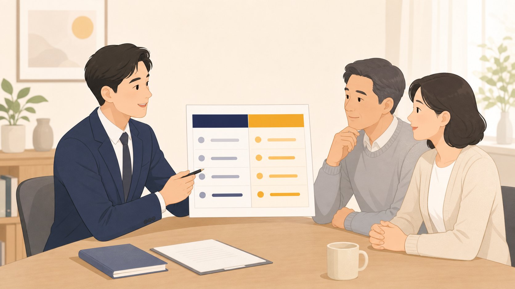 두 상품의 조건을 나란히 비교한 표를 보여주며 유리한 쪽을 설명하는 상담사