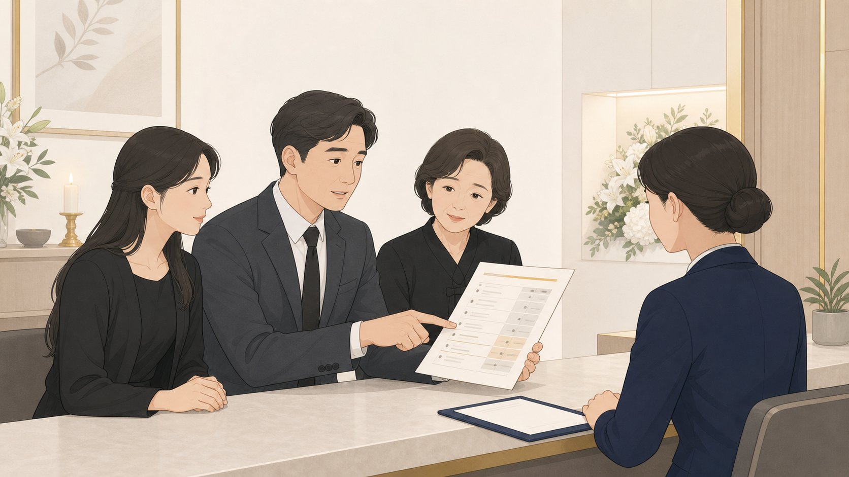 안내 직원에게 견적서를 가리키며 항목에 대해 차분히 질문하는 가족 대표