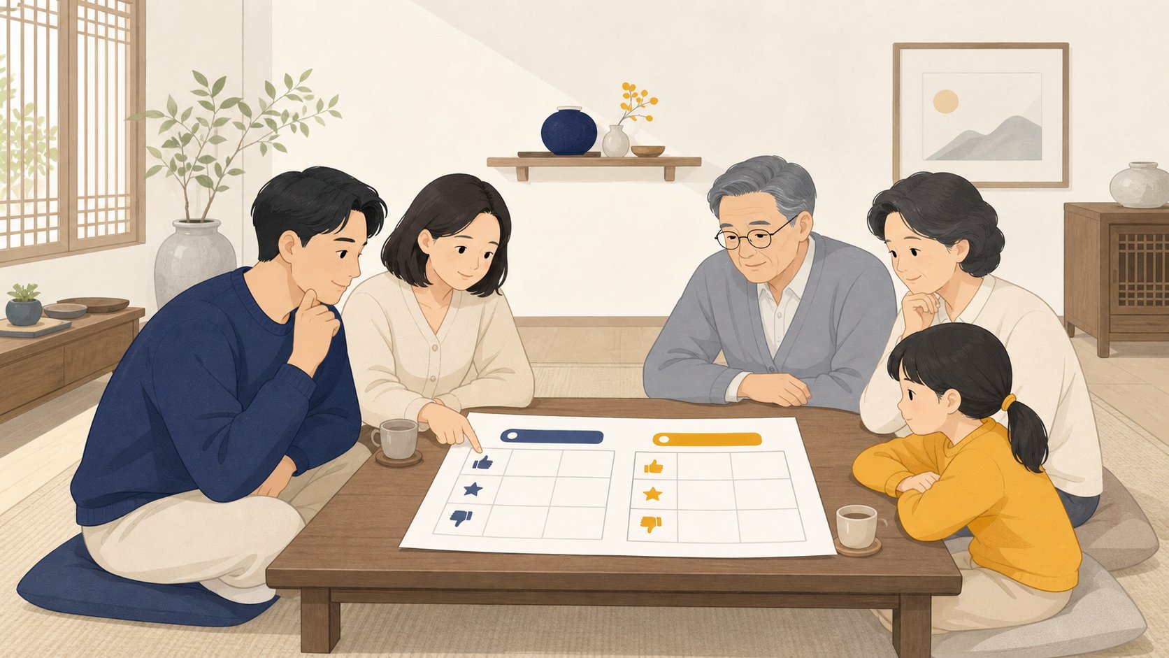 단정한 거실에서 두 방식의 장단점을 표로 정리해 비교하는 가족