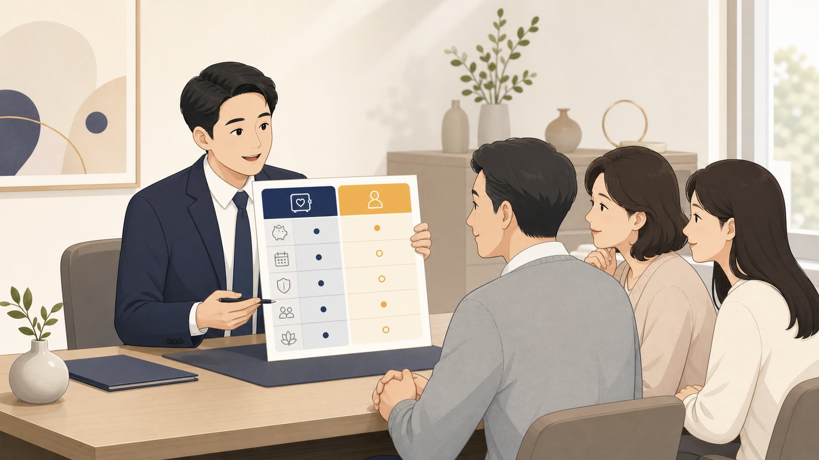 선불식과 후불제를 나란히 비교한 표를 보여주며 가족에게 설명하는 상담사