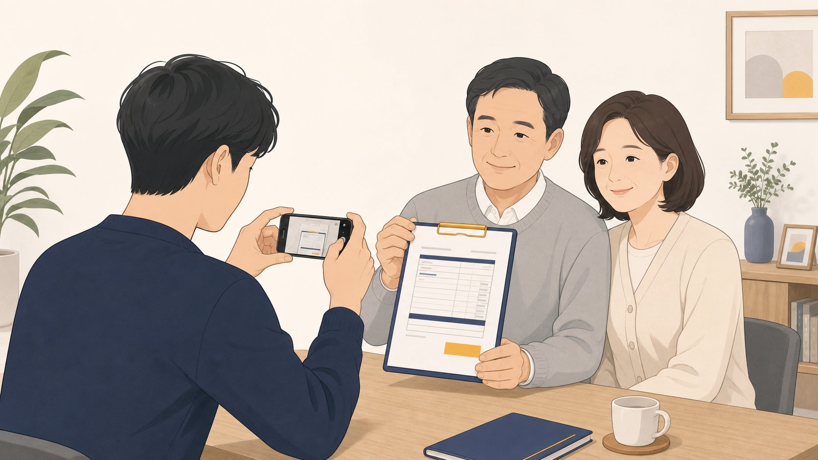 확정 견적서를 휴대폰으로 촬영해 사본을 남기는 가족