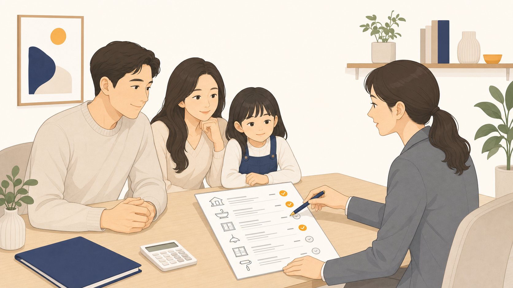 견적서 항목을 하나씩 짚으며 가족에게 적정 여부를 설명하는 상담사