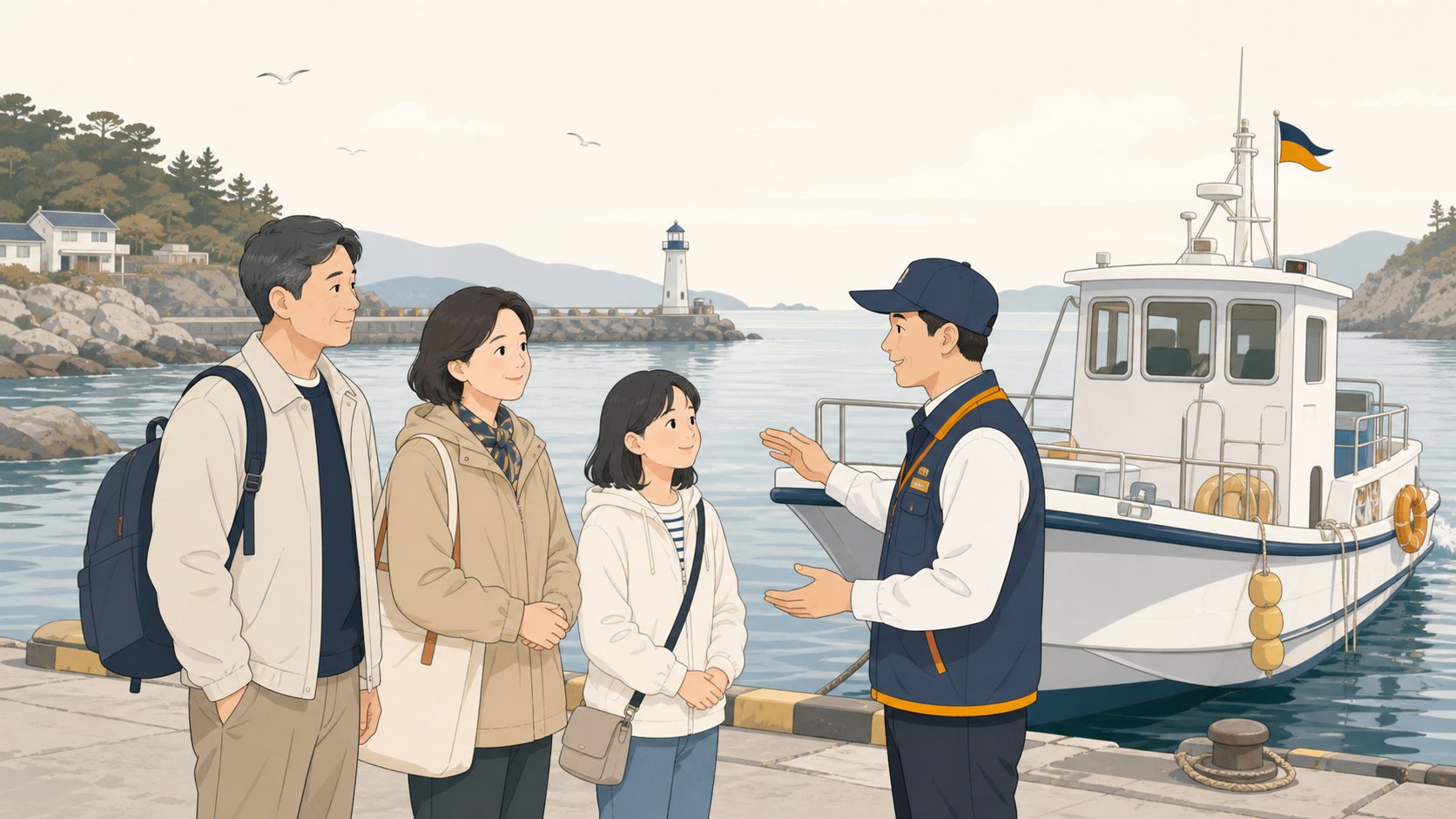 충청도 서해안 항구에서 출항을 준비하며 안내받는 가족