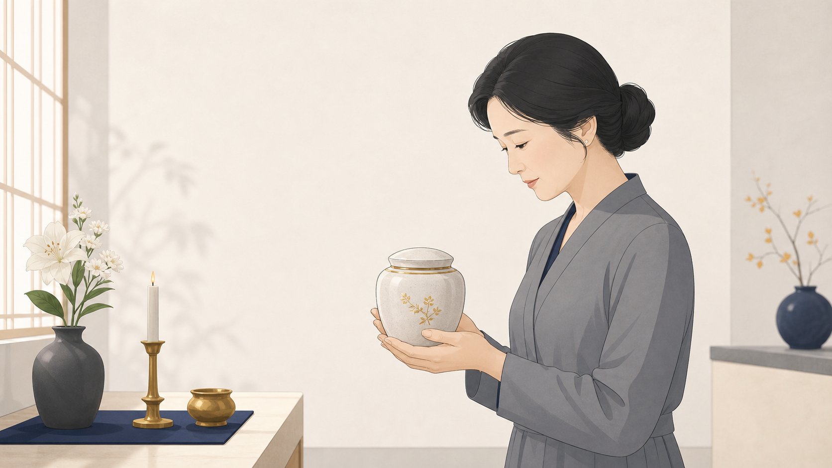 수골실에서 유골함을 두 손으로 정성스럽게 받쳐 든 가족