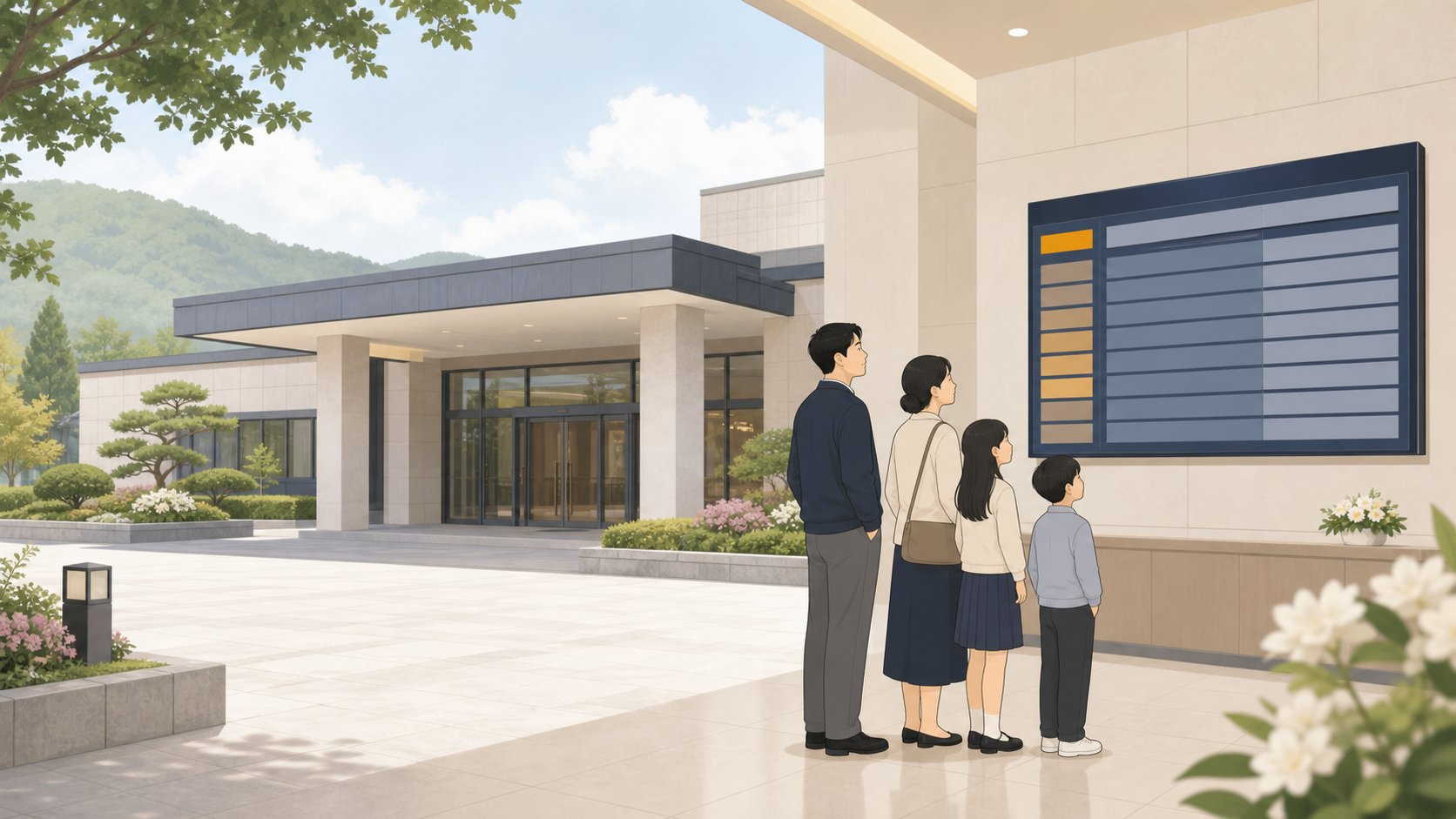 충청도 공설 화장장 외관과 진행 상황 안내 전광판을 바라보는 가족