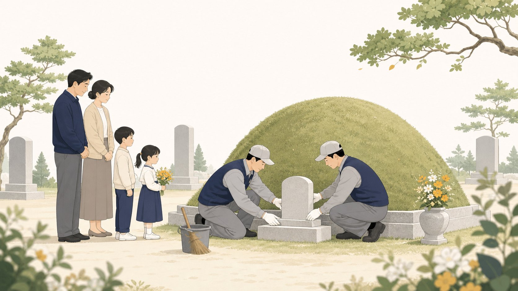 공원묘지에서 봉분을 정비하고 표지석을 세우는 매장 마무리 장면