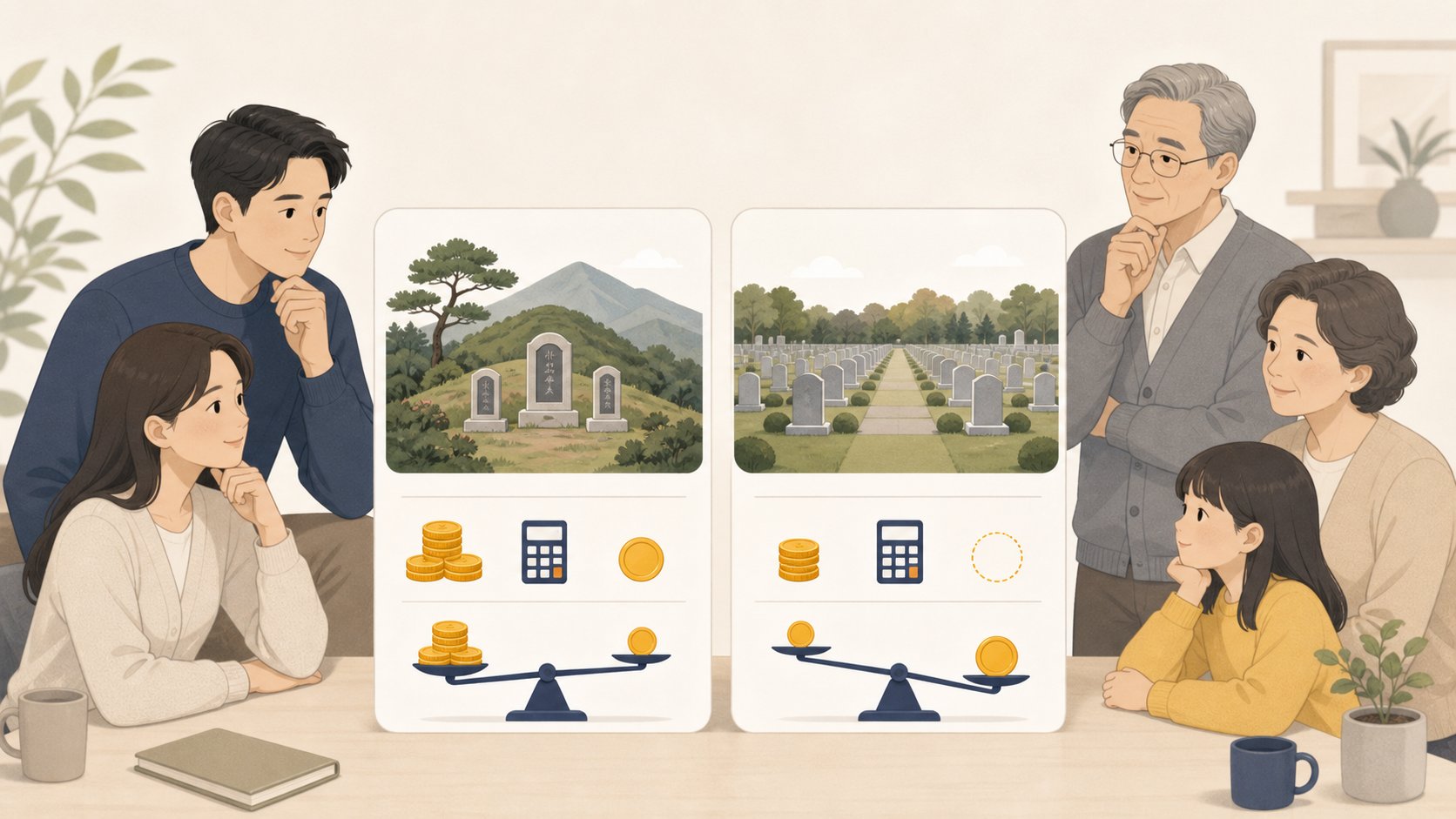 선산과 공원묘지 두 카드를 비교하며 매장 비용을 가늠하는 가족