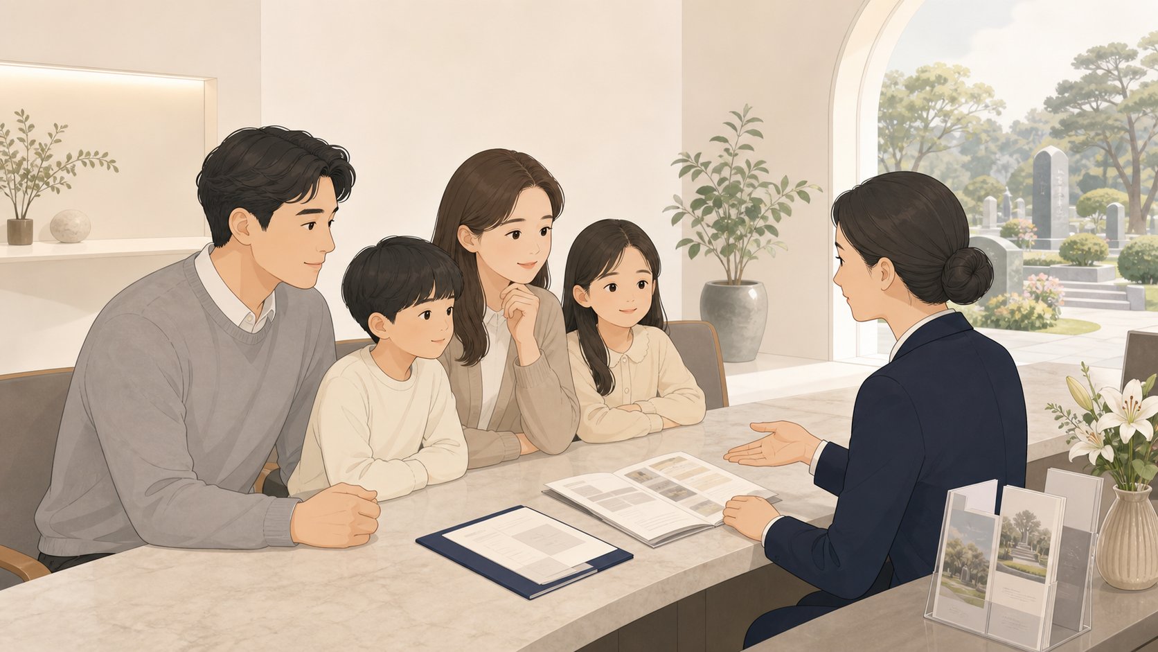 공원묘지 안내데스크에서 묘역 분양과 비용을 상담받는 가족