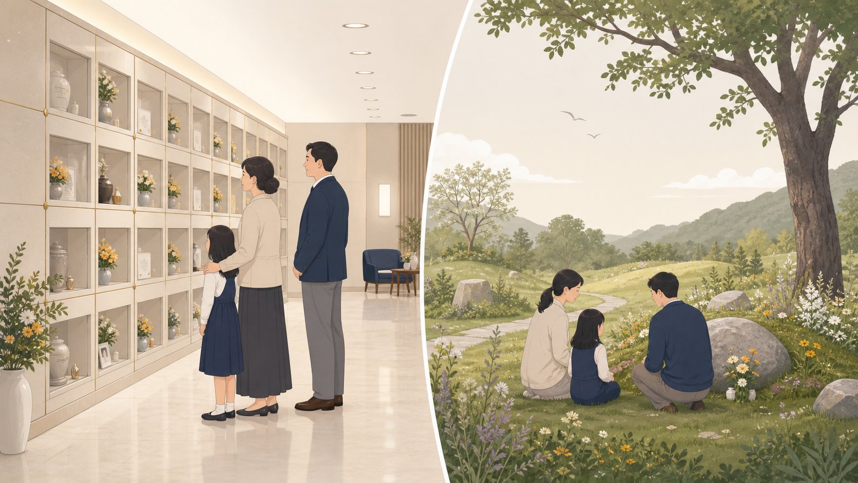 실내 봉안당 안치단과 야외 추모공원 자연장지를 비교한 모습