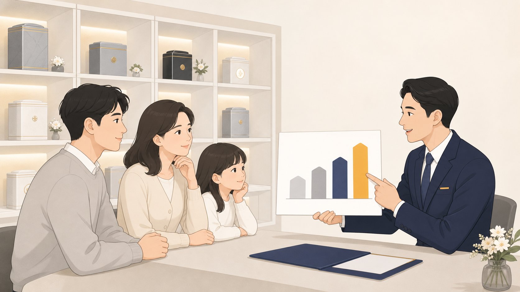 봉안당 안치단 위치별 비용 차이를 도표로 비교 설명받는 가족