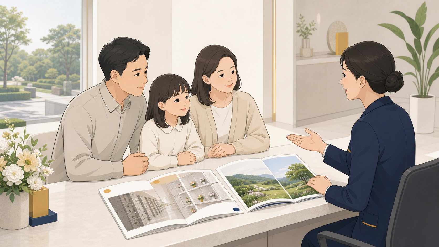 추모공원 안내데스크에서 봉안당과 자연장 옵션을 상담받는 가족