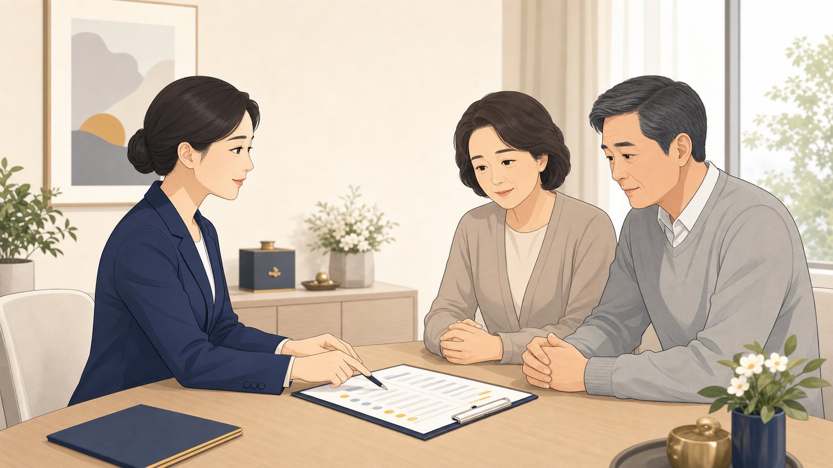 상담사가 가족에게 상조 약정서의 비용 항목을 손으로 짚으며 설명하는 상담실 모습