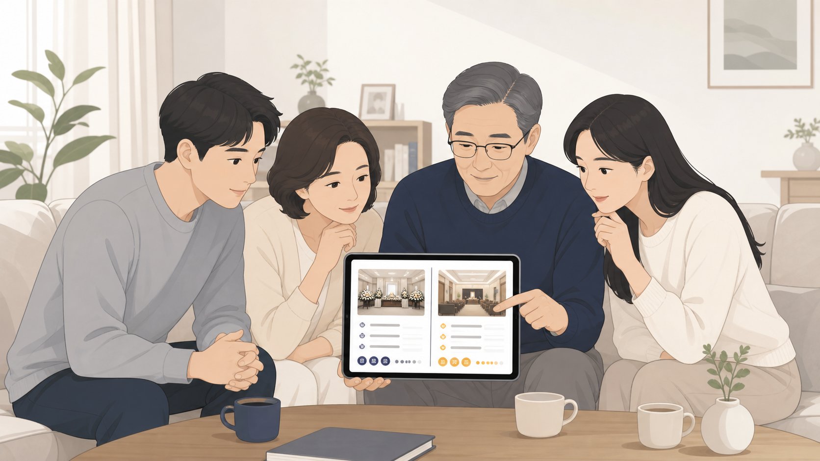 충청도 가족이 태블릿으로 장례식장 정보를 카드 형태로 나란히 비교하는 모습