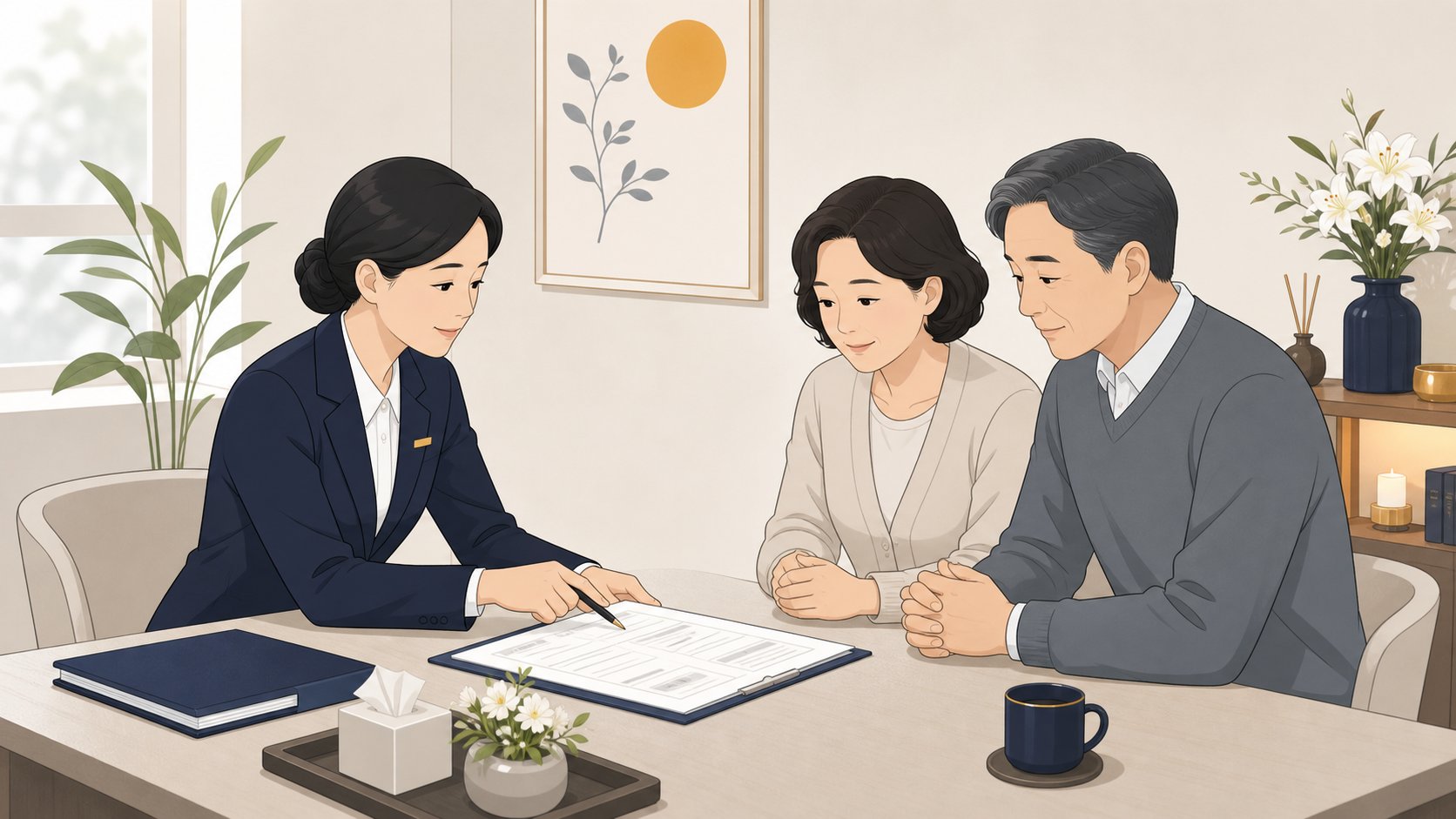 상담사가 가족에게 상조 약정서 항목을 짚으며 설명하는 상담실 모습