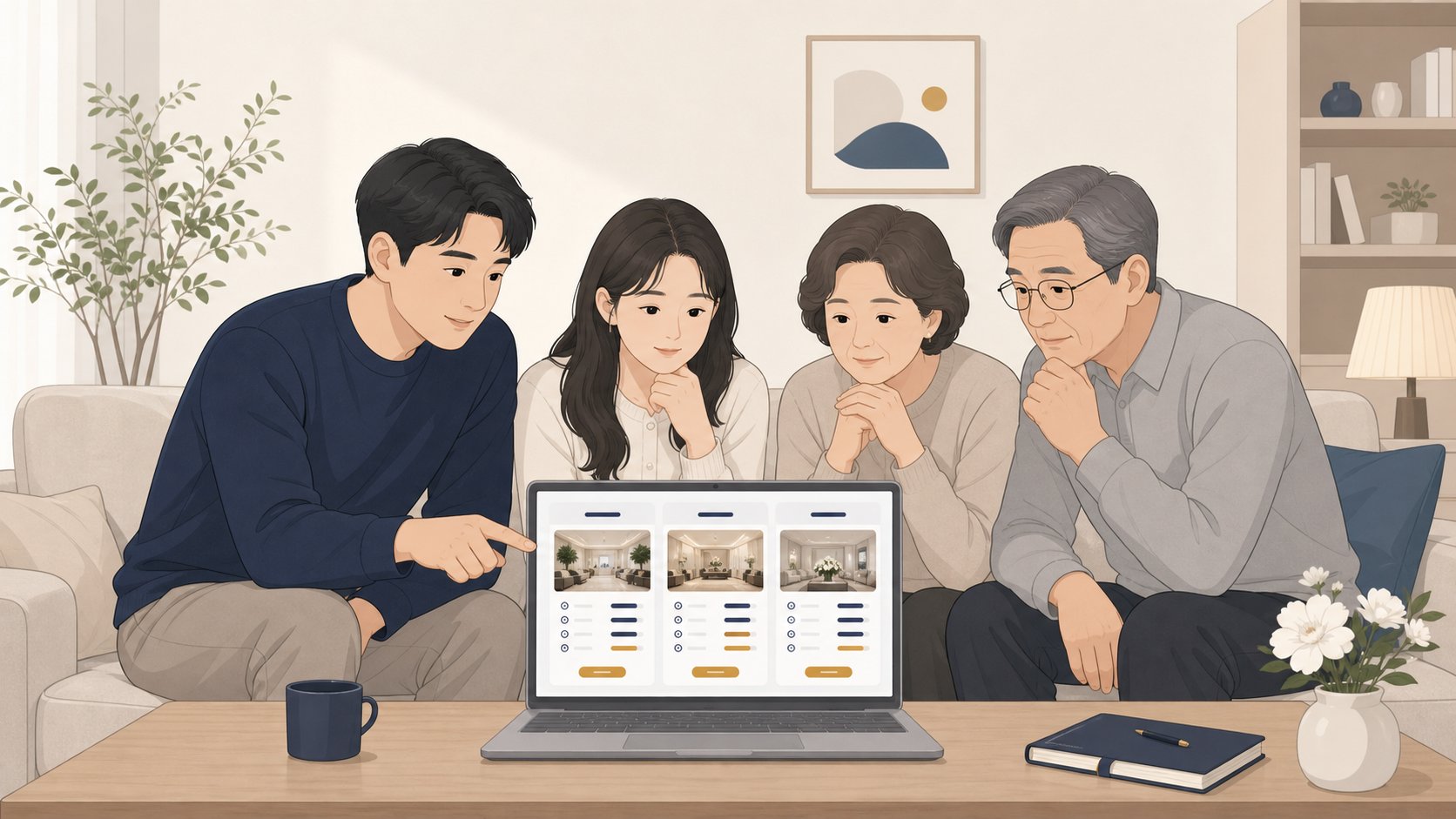 충청도 가족이 노트북으로 장례식장 정보를 카드 형태로 비교하는 모습