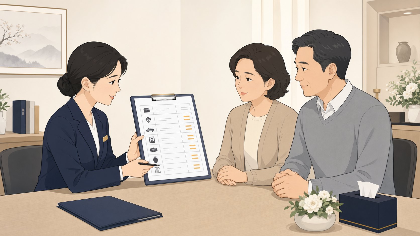 상담사가 가족에게 항목별 견적 표를 보여주며 설명하는 상담실 모습