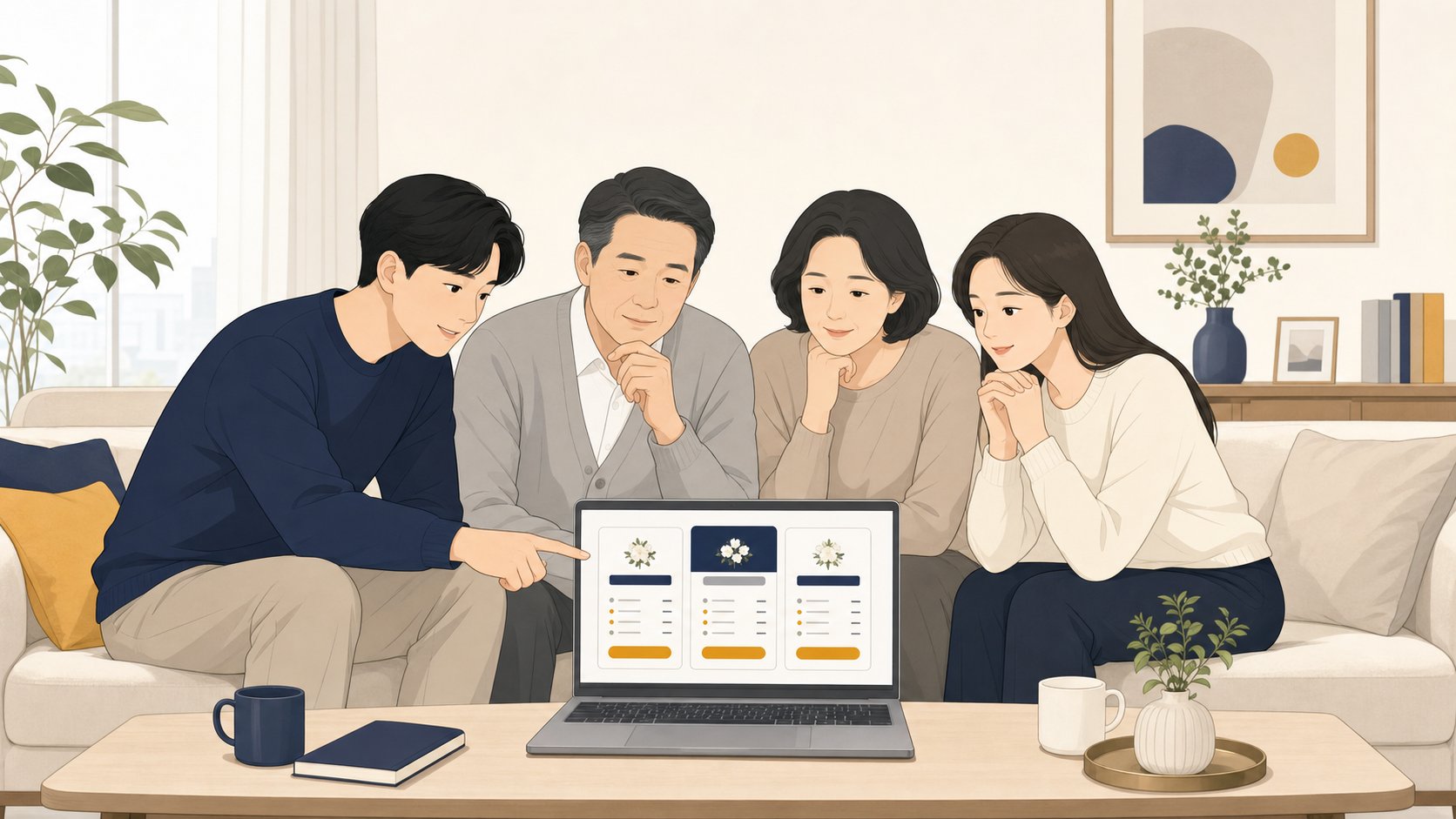 충청도 가족이 노트북으로 여러 장례식장 비용 정보를 카드로 비교하는 모습
