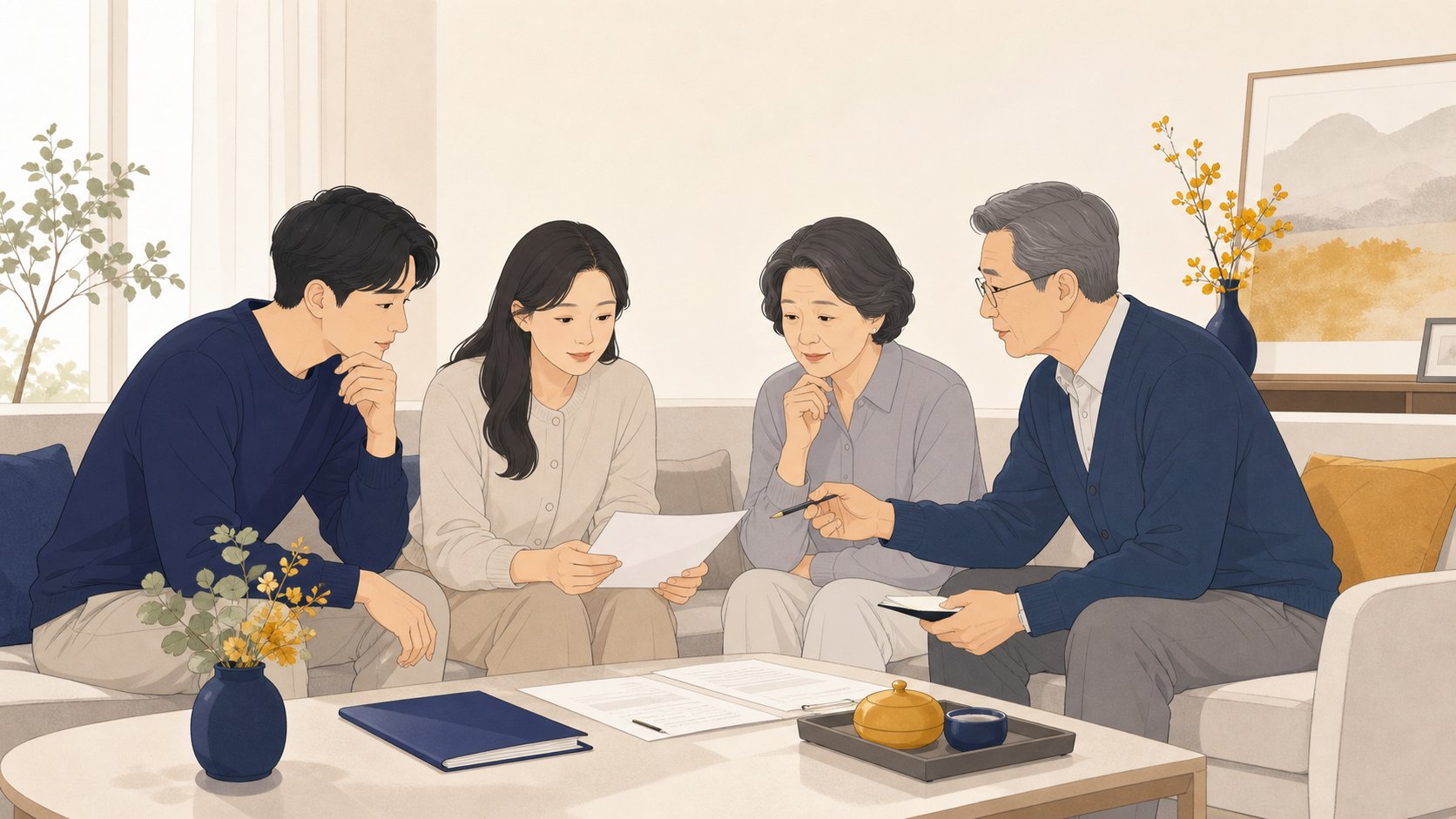 가족이 거실에 둘러앉아 무빈소장례 방식과 부고 범위를 상의하는 모습